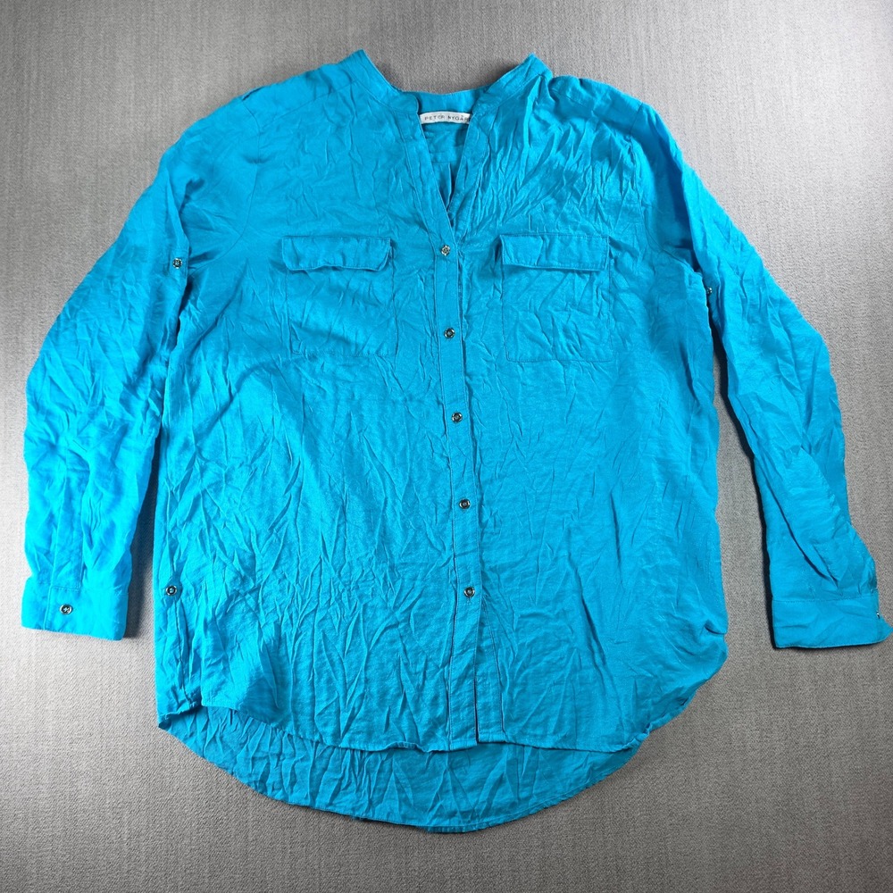 Peter Nygard Button Up Women XL Turquoise Blue Roll Tab Sleeve‎ Pocket Blouse